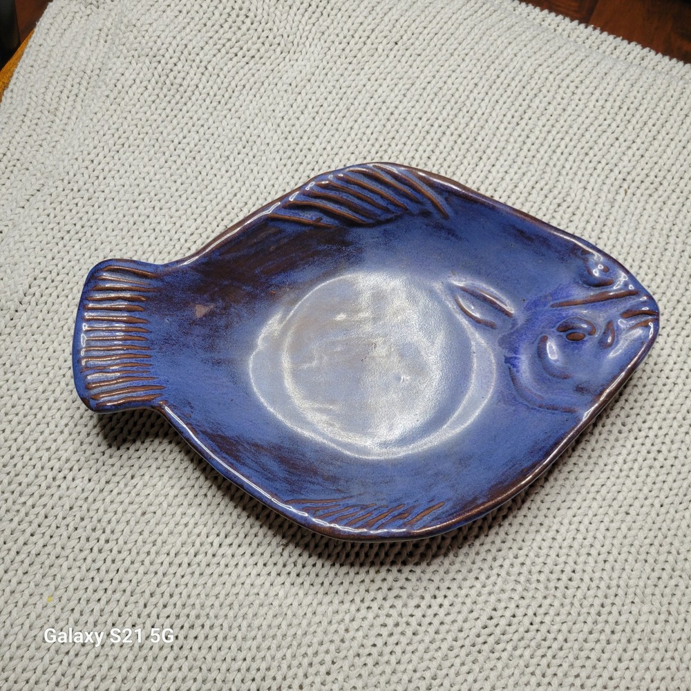 Thora Ovenware Terracotta Fish Dish Blue Purple Glaze Pottery Baker 10.5 inch